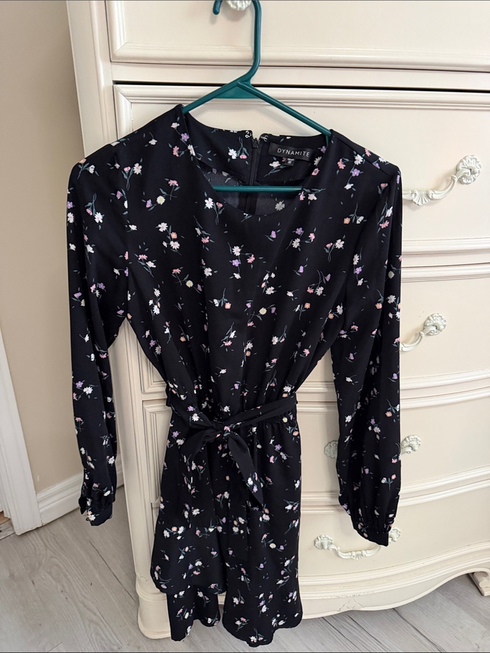 Dynamite Black Floral Tie-Waist Long Sleeve Dress with Pink & Purple Accents